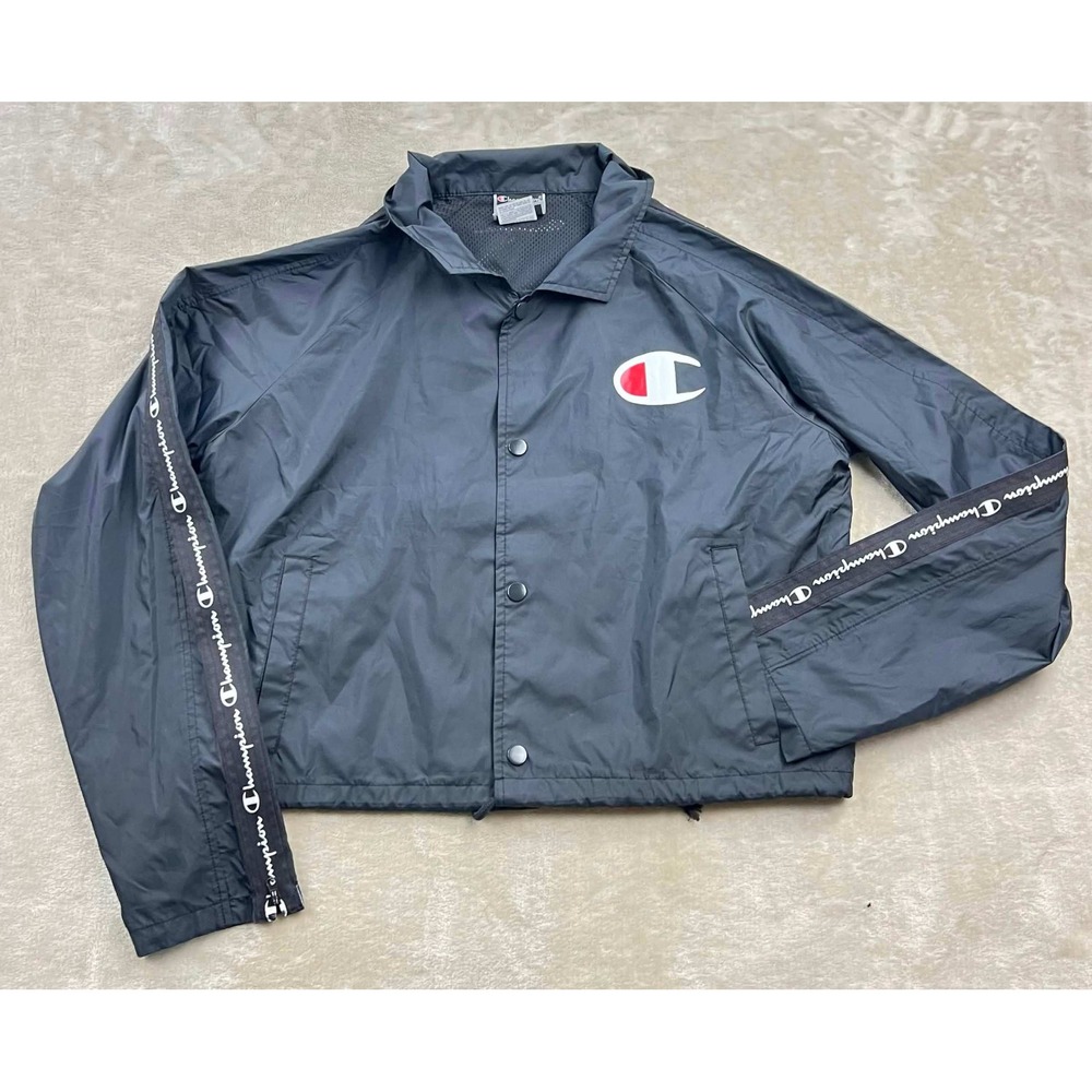 EUC Champion Women's Black Cropped Coaches Windbreaker Jacket Logo Tape Size M